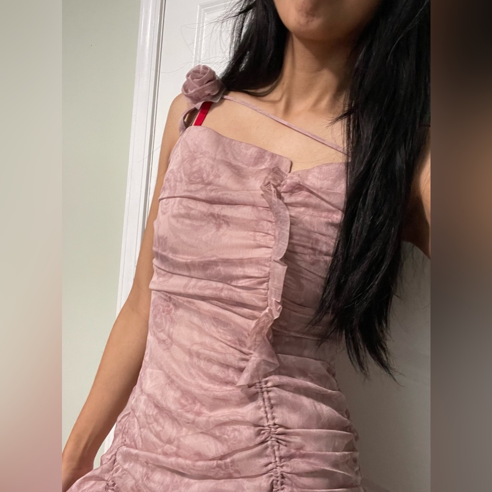 Rose Asymmetrical Wrinkled Suspender Dress